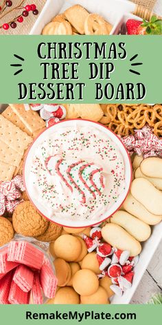 christmas tree dip dessert board with cookies, pretzels and candy canes on it