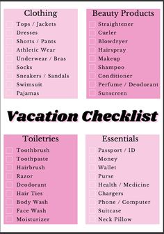 a pink and black checklist with the words vacation checklist written in white on it