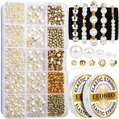 PRICES MAY VARY. Pearl Beads for Bracelet Making Kit- Set of 720pcs bracelet beads - 470pcs ivory pearl beads in 5 sizes, 250pcs gold spacer beads in 5 patterns, 2 rolls elastic bracelet strings, plus all jewelry beads are packed nicely in a handy storage box, inclusive & convenient!! Multiple Sizes & Patterns Bracelet Beads - 5 sizes ivory pearl beads (200pcs 4mm, 160pcs 6mm, 60pcs 8mm, 30pcs 10mm, 20pcs 12mm), 5 patterns metallic gold spacer beads (50pcs/pattern), cater to DIY lovers’ every wh Friendship Bracelet Kit, Beads For Bracelets, Bracelet Making Kit, Bracelet Beading, Bracelet Kit, Friendship Jewelry, Jewelry Making Kit, Bracelet Kits, Gold Diy