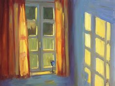 a painting of an open window with the sun coming through it and a blue vase in front