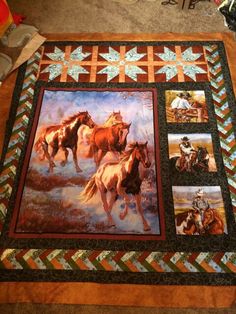 a quilt with pictures of horses on it