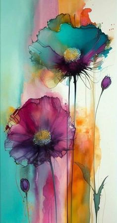 an abstract painting with flowers painted on it