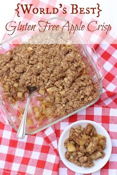 a glass dish filled with apple crisp on top of a red and white checkered table cloth