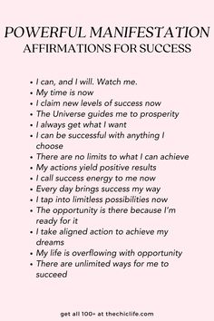 a pink poster with the words powerful manfestation affirmations for success