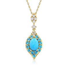 Ross-Simons - Turquoise, .50ct t. w. Apatite Pendant Necklace, .17ct t. w. Diamonds. 16". Picture this vibrant pendant necklace worn with neutrals and all-black ensembles...stunning! A bright 8x6mm oval turquoise cabochon is dazzled with .50 ct. t. w. round apatite and .17 ct. t. w. round brilliant-cut diamonds in polished 14kt yellow gold. Suspends from a cable chain with a 2" extender. Lobster clasp, diamond, apatite and turquoise pendant necklace. Elegant Multi-stone Turquoise Necklace, Turquoise Pendant Necklace, Turquoise Pendant, Round Brilliant Cut Diamond, Cable Chain, Round Brilliant, Pendant Jewelry, All Black, Lobster Clasp