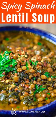 a blue bowl filled with lentil soup on top of a table