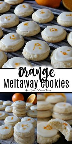 orange meltaway cookies on a cooling rack with an orange in the background and text overlay that reads orange meltaway cookies