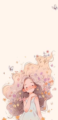 a girl with long hair and flowers on her head is standing in the grass, surrounded by butterflies