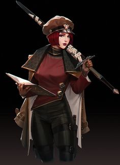 a woman with red hair holding two swords and wearing a brown hat while standing in front of a black background