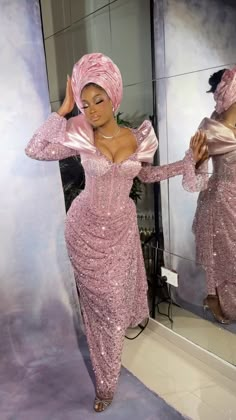 Blush Pink Lace Asoebi Styles, Nigerian Wedding Dress, Nigerian Women, Eid Ideas, African Bridal Dress, Igbo Wedding, Dresses With Long Sleeves