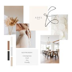 the interior design board for adel, featuring neutrals and whitestone tones in shades of