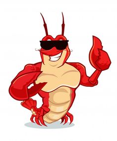 a cartoon lobster with sunglasses on his face and arms, holding a large red object