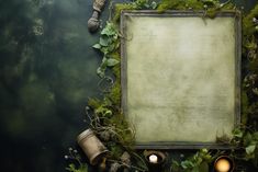 an old photo frame surrounded by plants and candles