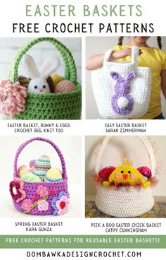 crocheted easter baskets with the words 10 free patterns on it and pictures of them