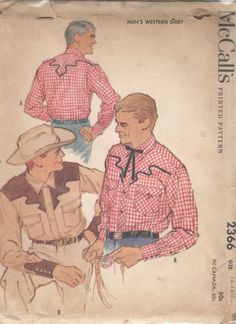 "McCall's 2366; Men's Western Shirt. Small, top stitched pointed collar, zig zag shaped yoke front and back with shaped flap snap breast pockets. Button or snap band front closure. Optional embroidery and contrast, two sleeveband styles. A \"Father & Son\" fashion, for Son's pattern see McCall's 2367. Copyright 1959 Size: Small Chest: 34 - 36 Waist: 30 - 32 Neck: 14 - 14 1/2 This pattern is cut and complete.  The marked envelope has tanning and tattering. OR Large Chest: 42 - 44 Waist: 38 - 40 N Yoke Designs, Mens Shirt Pattern, Mens Sewing Patterns, Mens Western, 1950s Mens, Shirt Sewing Pattern, Square Dance, Roy Rogers, Cowboy Outfits