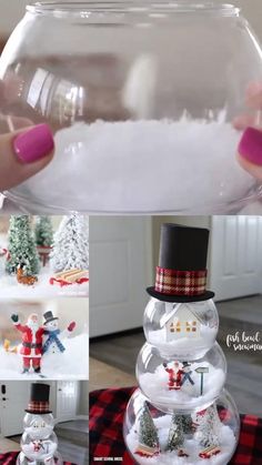 a snowman in a glass bowl filled with snow and surrounded by fake snowmen