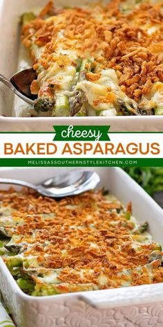 two images of baked asparagus casserole with cheese