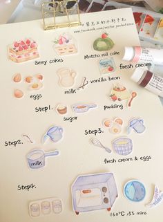 a recipe book with stickers on it and various items labeled in the instructions for making cake