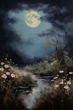 an oil painting of a night scene with the moon in the sky and flowers on the ground