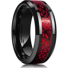 black and red wedding band with an intricate design on the inside, inlayed to it