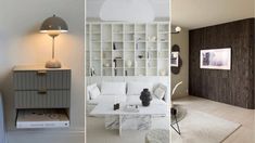 three different rooms with white furniture and wooden walls, one has a bookcase on the wall