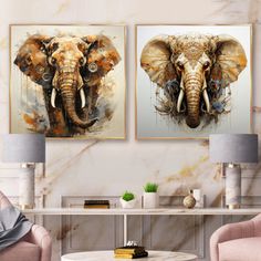 two paintings of elephants on the wall in a living room with pink chairs and a coffee table