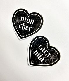 two heart shaped stickers with the words non - chee and tara on them