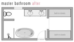 a bathroom floor plan with two sinks and a bathtub in the center is shown