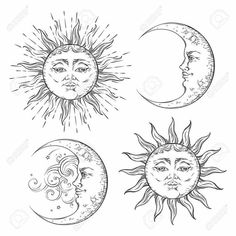 the sun, moon and stars with faces drawn by hand on white background in black and white