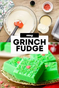 green fudge cake on a wooden table with white frosting