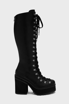 BLOODLETTING. - Faux Leather.- Statement Lace-Up Front.- 4" Platform.- Side Zip. with KILLSTAR Branding, 100% Man Made Materials. Knee High Combat Boots, 2010 Fashion, Black Wardrobe, Expensive Shoes, Beautiful Boots, Black Knees, Lower Leg, Cool Boots, High Boots