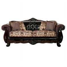 an ornately decorated couch is shown against a white background