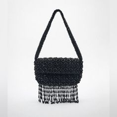 Nwt. Zara Black Beaded Fringe Shoulder Bag With Beading And Fringe. Magnetic Closure At Flap. Height X Length X Width: 5.5 X 8.3 X 1.6 Inches (14 X 21 X 4 Cm). Ref. 6365/010. Black Beaded Bags As Fashion Accessory, Black Beaded Bag As Fashion Accessory, Elegant Black Beaded Bags, Party Clutch Bag With Beaded Fringe, Beaded Fringe Clutch For Party, Party Clutch Bags With Beaded Fringe, Party Clutch With Beaded Fringe, Rectangular Bag With Black Beads As Fashion Accessory, Evening Rectangular Bag With Beaded Fringe