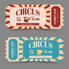 two tickets for the circus show are shown in this image, one is blue and red