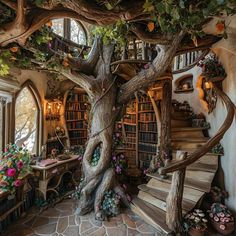 the interior of a tree house is decorated with flowers and bookshelves, as well as a spiral staircase