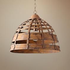 a wooden light fixture hanging from a chain