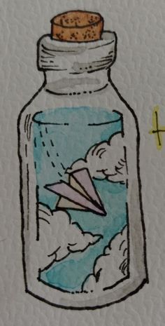 a drawing of a glass jar with a paper airplane inside