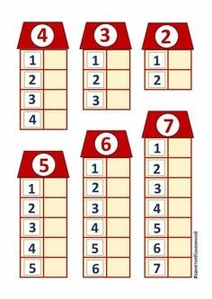 a set of numbers that are on top of a house with red roof and windows