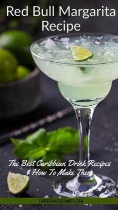 red bull margarita recipe in a glass with limes on the side and text overlay