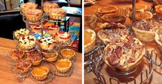 there are many different types of pies on the table and one is filled with cupcakes