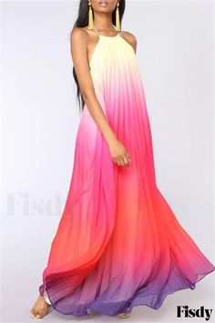 Fisdy - Elegante y moderno Vestido sin mangas con estampado de cambio gradual rosa sin espalda y sin tirantes para entusiastas de la moda Casual Sundress, Ombre Dress, Outfits Dress, Loose Maxi Dress, Halter Maxi, Backless Maxi Dresses, Pleated Maxi Dress, Chiffon Maxi, Halter Maxi Dresses