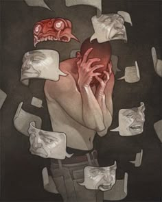 a drawing of a man holding his head in the middle of many faces and hands