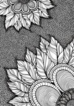 black and white drawing of sunflowers with swirly petals in the center, on a dark background