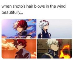 anime memes with the caption that reads, when shots hair blows in the wind beautifully