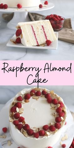 raspberry almond cake with white frosting and fresh raspberries on top