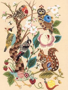 an image of birds and flowers on a tree