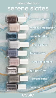 Essie Mindful Meditation, Essie Serene Slate, Essie Toned Down, Essie Press Pause, Nail Paint For Dusky Skin, Essie Nail Polish Collection, Slate Nails, Taupe Nail Polish, Essie Nail Polish Colors