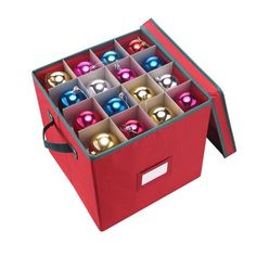 a red box filled with lots of ornaments