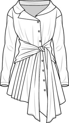 a line drawing of a dress with a tie around the waist and long sleeves, on a white background