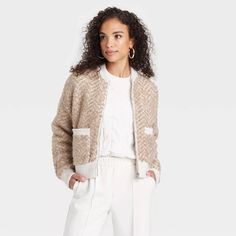 Women's Lady Bomber Jacket - A New Day™ Camel L : Target Womens Tailored Suit, Knit Chevron, Ribbed Jacket, Denim Trench Coat, Womens Quilted Jacket, Camel Sweaters, Sharp Dressed Man, Jacquard Knit, Sleeve Jacket